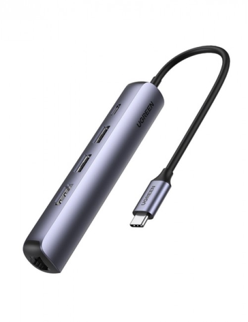 Docking Station Ugreen, 5 Puertos, Interfaz USB-C, 2x USB-A, 1x HDMI, 1x RJ45, 1x USB-C PD, Gris/negro