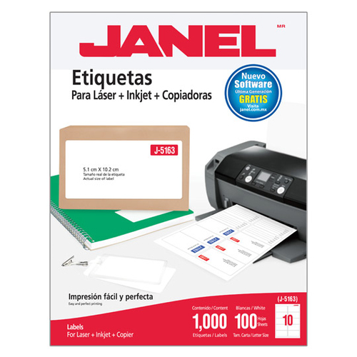 Etiquetas para Impresora Janel 1095163101, Blanco, Laser/inyección de Tinta, 51 x 102, 1000 Pieza(s), 100 Hojas