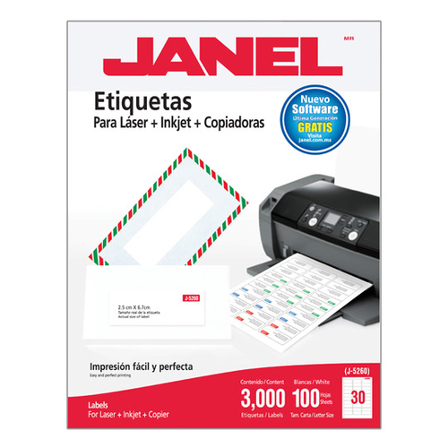 Etiquetas para Impresora Janel 1095260101, Blanco, Laser/inyección de Tinta, 25 x 67, 3000 Pieza(s), 100 Hojas