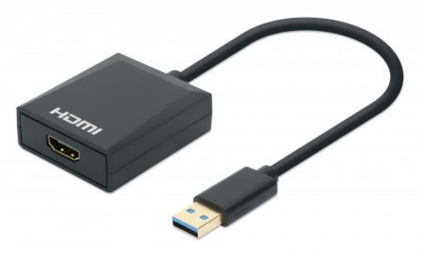 Adaptador Video Manhattan Convertidor de USB-A a HDMI 1080p, Ce Fcc Rohs Reach Ukca, Negro, Plástico, Windows 10, Windows 11, Windows 7, Windows 8.1, Macos, 45 mm