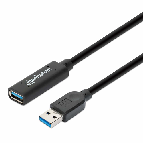 Cable de Extension Activa Repetidor Manhattan USB-A Macho a USB-A Hembra, 5 Metros, USB 3.2 Gen 1, 5Gbps, Amplificador de Senal Integrado, Negro
