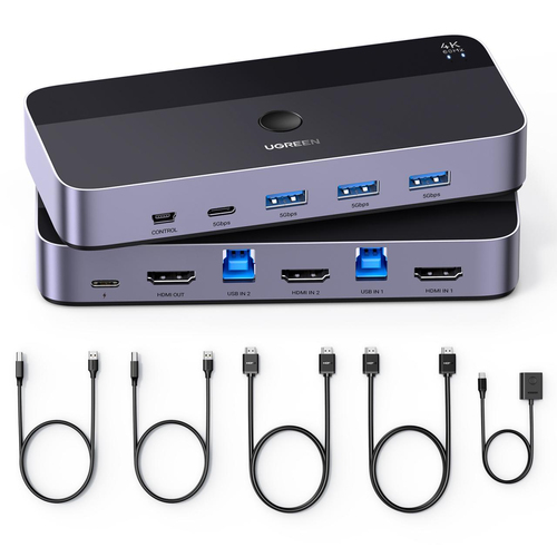 Switch KVM Ugreen, 3840x2160 Pixeles, 4K Ultra HD, Hasta 2 Dispositivos, Negro, Gris