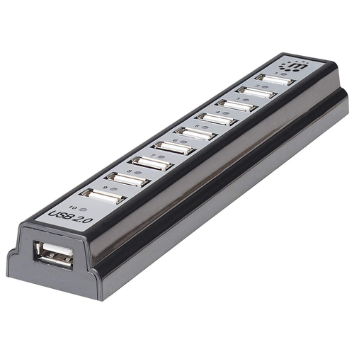 Hub Manhattan , 10 Puertos de Alta Velocidad, USB 2.0, Compatible con Mac,(161572) Color Negro