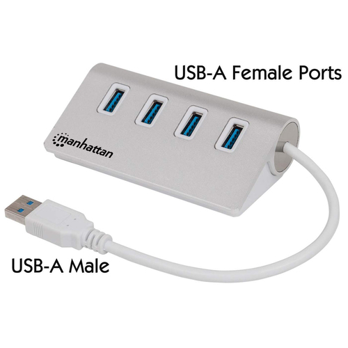 Hub Manhattan Hub USB 3.0 Superspeed de 4 Puertos Interfaz USB 3.2 Gen 1 (3.1 Gen 1) Type-a, 4 USB A 3.1, Aluminio, Cantidad de Puertos 4, Longitud D