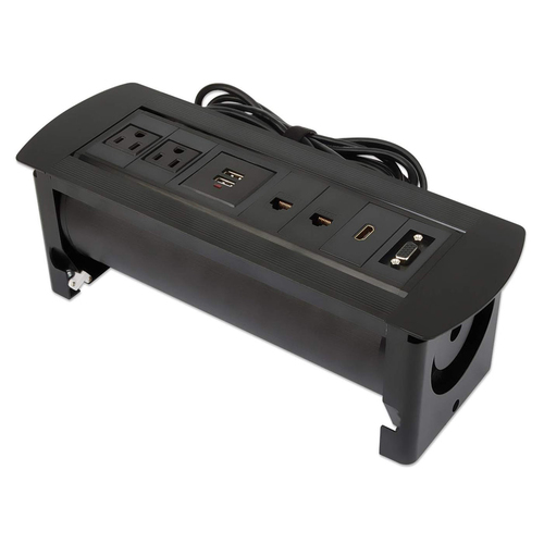 Barra de Contactos Manhattan para Mesa, Apertura Giratoria, 2 Tomas de Corriente, 2 USB-A, 2 RJ45, 1 HDMI, 1 VGA, Negro