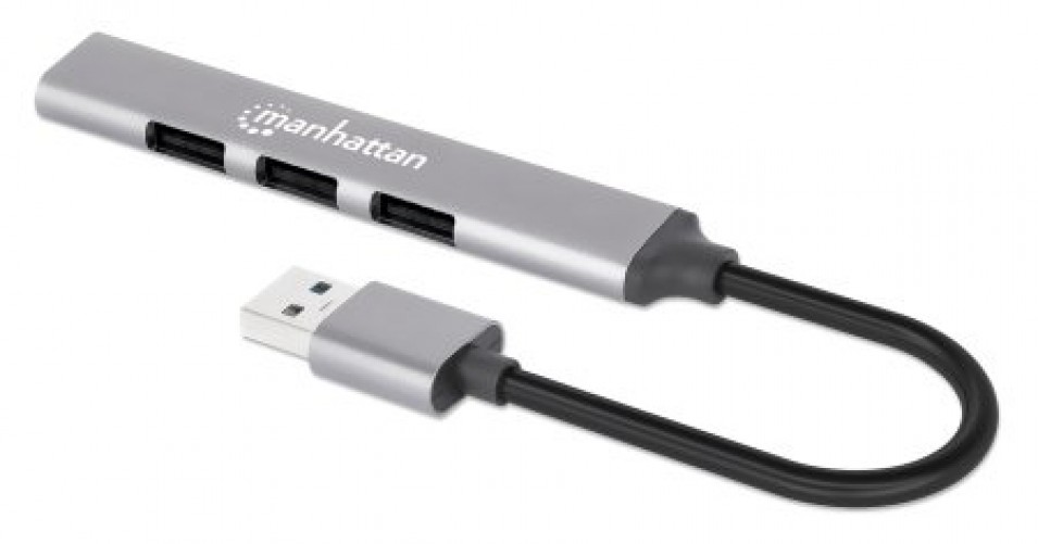 Hub Manhattan USB A 3.2 de 4 Puertos, 5000 Mbit/s, Aluminio, Color Gris