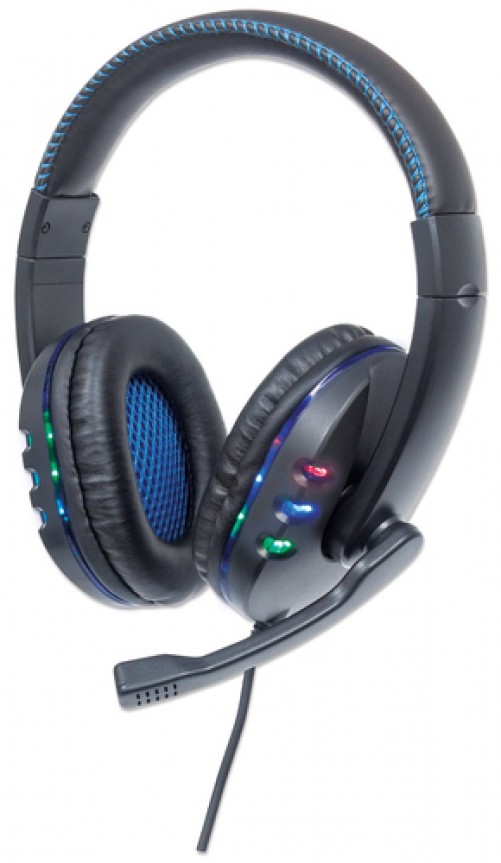Audífonos Manhattan Audífonos USB Para Videojuegos, con Luces LED Diadema, Alámbrico, USB, Negro, Azul