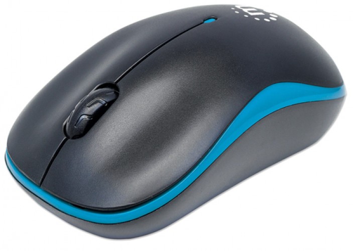 Raton Manhattan 179416, Optico, Rf Inalambrico, Resolucion 1000 dpi, Ambidextro, Color Negro/azul, Alcance 10m, Bateia Aa