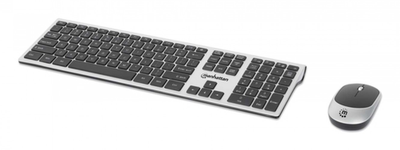 Teclado Inalámbrico Manhattan Tamaño Completo (100%), 10 m, Teclado Numérico, Negro, Plata