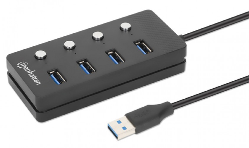 Hub USB Manhattan, 4 Puertos, Cable 1.5 m, Velocidad 5000 Mbit/s, USB A, 5Gbps, Color Negro