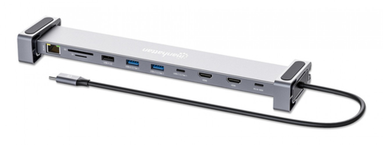 Docking Manhattan 10 Puertos, Interfaz USB-C, 2x HDMI, 3x USB-A, USB-C PD, RJ-45, SD/microSD, Gris