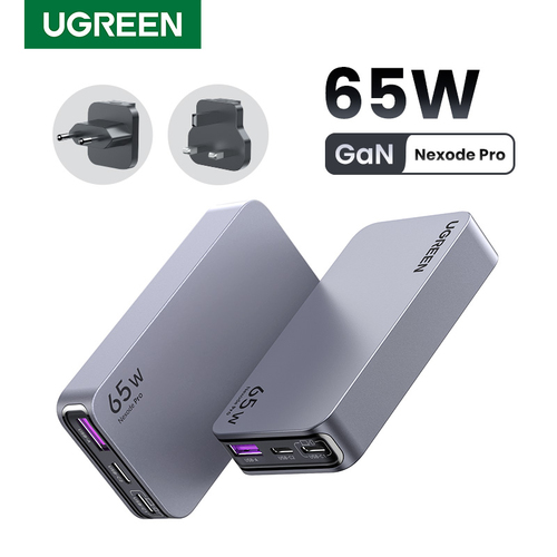 Cargador Ugreen Nexode Pro 65W, Gan, 2x USB-C, 1x USB-A, Carga Rapida, Ultra Delgado, Negro/gris