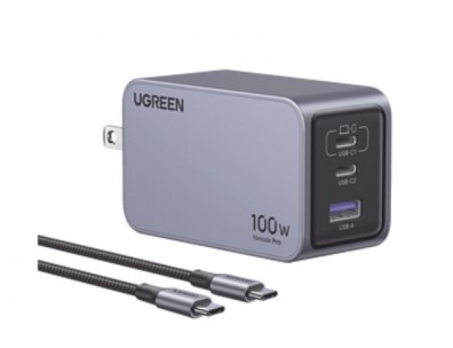 Cargador Ugreen Nexode Pro 100W, Gan, 2x USB-C, 1x USB-A, Carga Rapida, Incluye Cable, Negro/gris