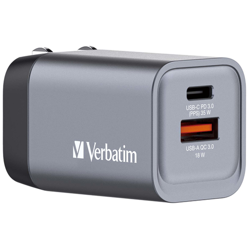 Cargador de Pared Verbatim, Tecnologia Gan, Potencia 35 Watts, Un Puerto USB-C PD, Un Puerto USB-A Qc 3.0, Clavijas Plegables.