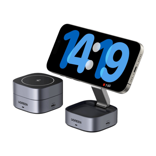 Cargador Inala?mbrico Magna?tico 2 en 1 Ugreen / 25W Ma?ximo Potencia Total / Carga Simulta?nea Iphone + Smartwatch / Compatibilidad Magsafe y No Magsafe / Puerto USB-C 20W + USB 5W / Disea?o Compacto
