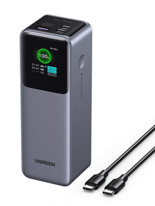 Power Bank Ugreen Nexode 25000mAh, Hasta 140W, Pantalla Inteligente, 1x USB-A, 2x USB-C, Gris