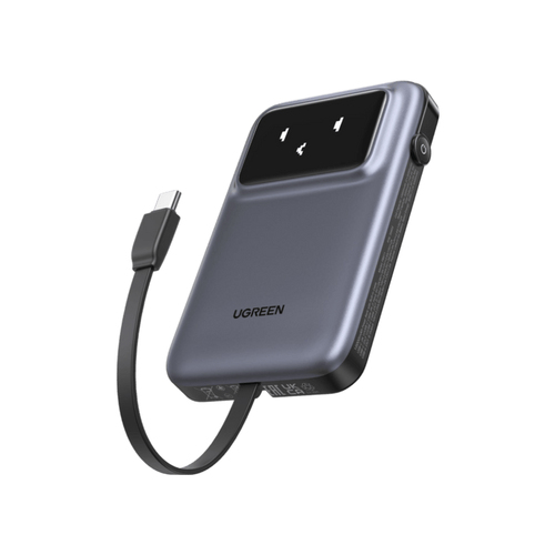 Power Bank Ugreen Uno 10000 mAh, Cable USB-C Incorporado, Pantalla Inteligente, 30W, Negro