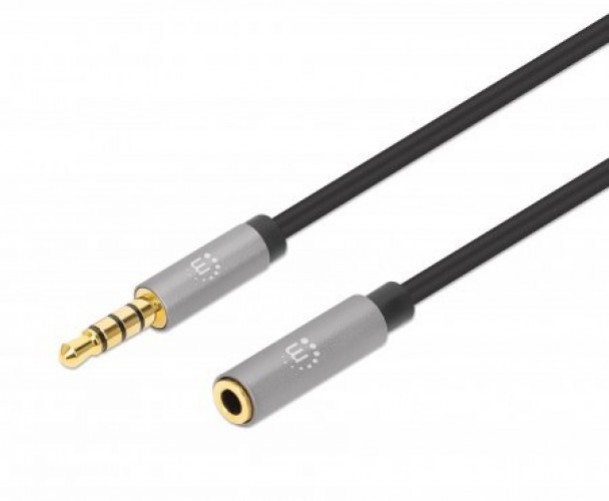 Cable de Audio Manhattan Extensión de Cable Auxiliar de Audio Estéreo 3,5mm a 3,5mm, 3 m, Negro, Plata