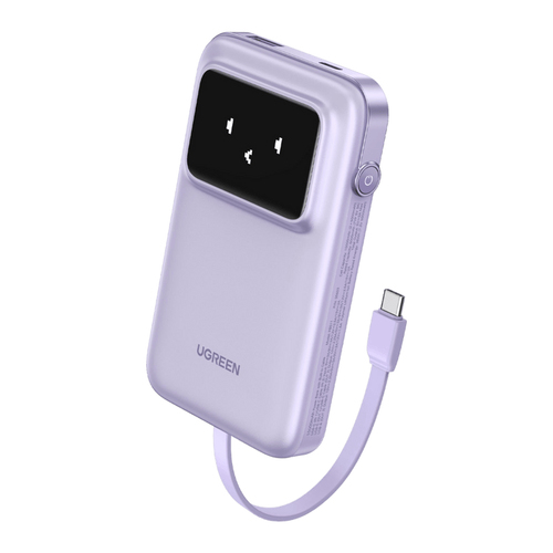 Power Bank Ugreen Uno 10000 mAh, Cable USB-C Incorporado, Pantalla Inteligente, 30W, Purpura