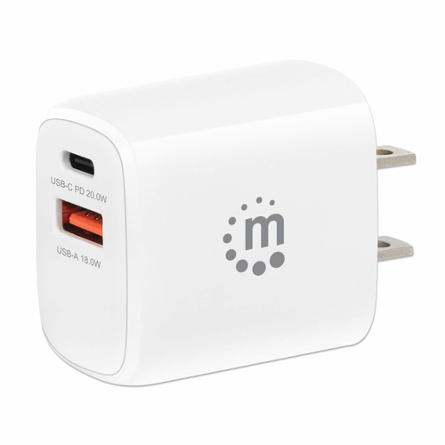 Cargador USB De Pared Manhatta, USB Tipo-c 20W, USB A 18W, 3.0A, Blanco