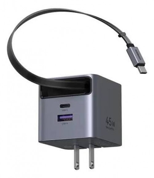 Cargador Ra?pido Ugreen 45W Gan / Cable Retra?ctil 0.7m / 3 Puertos USB-C + USB-A / Tecnologa?a Ganinfinity 95% Eficiencia / 8 Capas Proteccia?n / Carga Simulta?nea 3 Dispositivos / Compacto para V...