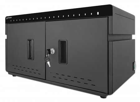 Armario de Carga Manhattan 715959 Gabinete de Manejo de Dispositivos Portátiles, Color Negro, Ubicación Mesa, Soporta 20 Dispositivos, Compatibilidad con Smartphone, Tableta, USB Tipo C, Protección...
