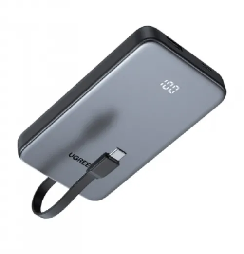 Power Bank Ugreen 10000 mAh, Cable USB-C Incorporado, Indicador LED, 20W, Negro
