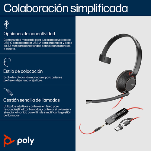 Audífonos HP Poly Diadema, Alámbrico, 3.5 mm, USB, Negro