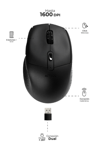 Mouse Optico Inalambrico Laser Acteck Optimize Ergo MI680, 1600 dpi, Click Silencioso, Receptor USB, 6 Botones, Color Negro