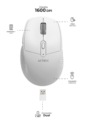 Mouse Optico Inalambrico Laser Acteck Optimize Ergo MI680, 1600 dpi, Click Silencioso, Receptor USB, 6 Botones, Color Blanco