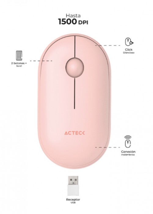 Mouse Acteck Optimize Edge MI460, Inalambrico, 1500 dpi, USB, Rosa