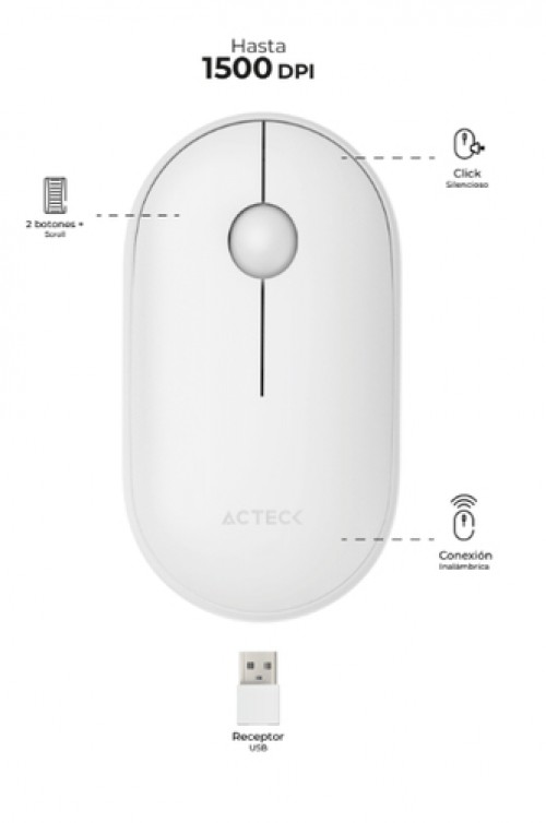 Mouse Acteck Optimize Edge MI460, Inalambrico, 1500 dpi, USB, Blanco