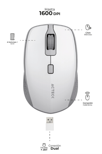 Mouse Optico Inalambrico Acteck Optimize Trip MI670, 800/1200/1600 dpi, Receptor USB 2.0 2.4GHz, 4 Botones, Incluye Bateria Aa, Color Blanco