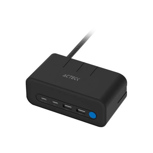 Cargador de Escritorio Acteck Energon Mate CE676, 20 W, 3 Contactos AC, 2 USB-A, 2 USB-C, 1.85 Metros, Negro.