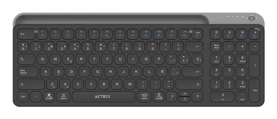 Teclado Acteck Inspire Trek TI747 Espanol, Inalambrico, Rf Inalambrico + Bluetooth, Interruptor de Llave de Tijera, Negro, Gris