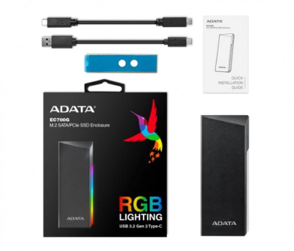 Enclosure Adata EC700G RGB M.2, SATA/PCIe SSD, USB 3.2 Gen 2 Tipo-c, Negro