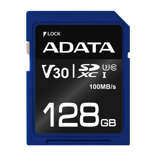 Memoria SDXC Adata 128GB, CL10, V30, 4K UHD, 100 MB/ps, Negro/azul