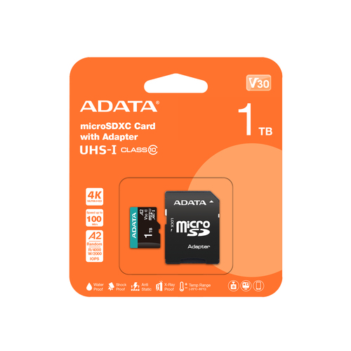 Memoria Micro SD Adata, 1TB, Velocidad 100 MB/s, Clase 10, 4K, C/adaptador, Color Negro