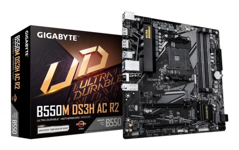 Tarjeta Madre Gigabyte B550M DS3H AC R2, Socket AM4, Micro ATX, 4 Ranuras DDR4, PCIe 4.0 X16, Dos M.2, Wi-fi 5, LAN Gigabit, HDMI.