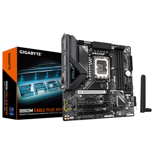 Tarjeta Madre Gigabyte B860M Eagle Plus WIFI6E, Socket LGA1851, Micro ATX, 4 Ranuras DDR5, 2 M.2 PCIe 5.0, Wi-fi 6E, LAN 2.5g.