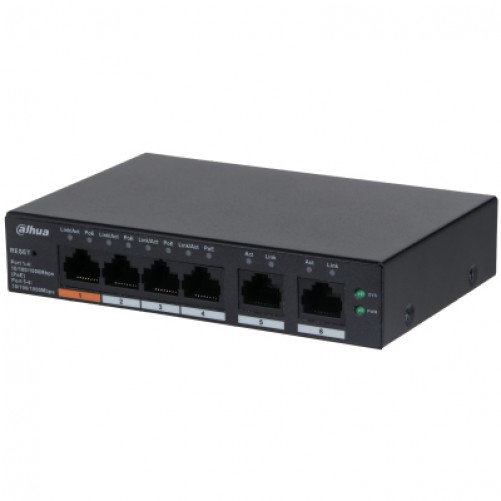Switch Dahua 6 Puertos Gigabit Ethernet, 4 Puertos PoE 10/100/1000 + 2 Puertos Uplink, 60W, 12 Gbit/s