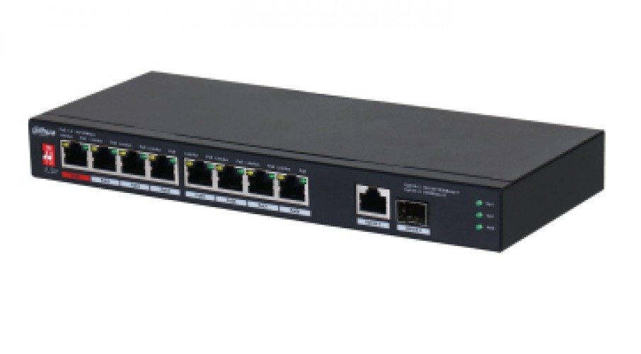 Switch/ Dahua/ PFS3110-8ET1GT1GF-96 / PoE de 10 PTS/8 Pts PoE 10/100/1PTO SFP DE1000 MBPS/1 Pto Uplink de 10/100/1000/ 96 Watts Totales/ Alimentacion Hasta 250 Mts/soporta PoE Whatchdog/pto Rojo Sopo