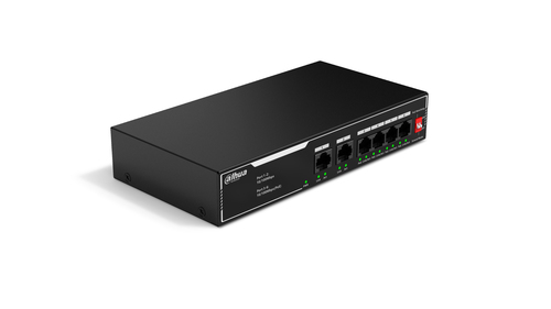 Switch/ Dahua/ DH-SF1006LP/POE de 6 Ptos Fast Ethernet/ 4 Ptos PoE 10/100/ 36 Watts Totales/ 2 Ptos Uplink RJ45 10/100/ PoE Watchdog/ Soporta Hasta 250m Sobre UTP Cat 6/ Proteccion Contra Descargas
