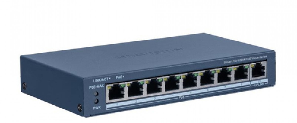 Switch Hikvision 8 Puertos Poe+, Monitoreable, 8x 100 Mbps Poe+, 1x 1000 Mbps Uplink, 60W