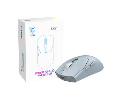 Mouse MSI Forge GM340 Wireless Sky Optico, 6 Botones, 12000 dpi, Rf Inalambrico + Bluetooth, Azul Claro