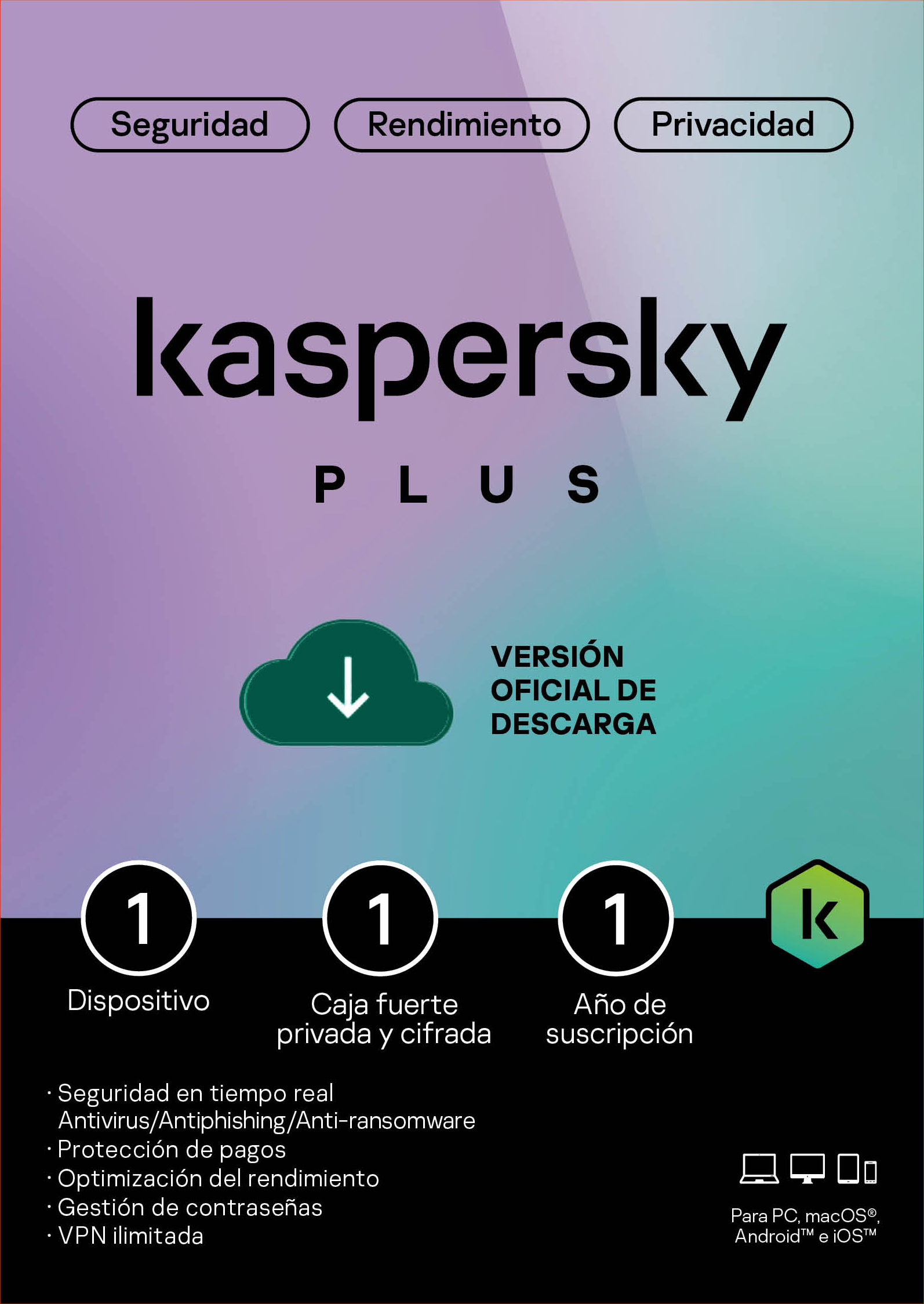 Licencia Kaspersky Plus / 1 Dispositivo / 1 Cuenta Kpm / 365 Dias / Base