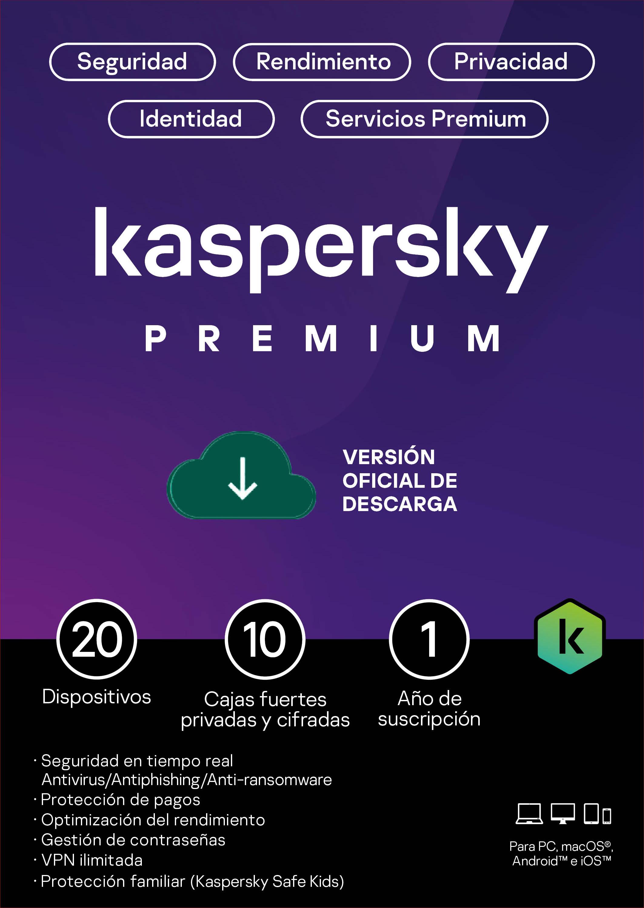 Licencia Kaspersky Premium + Customer Support (total Security) / 20 Dispositivos / 10 Cuentas Kpm / 365 Dias