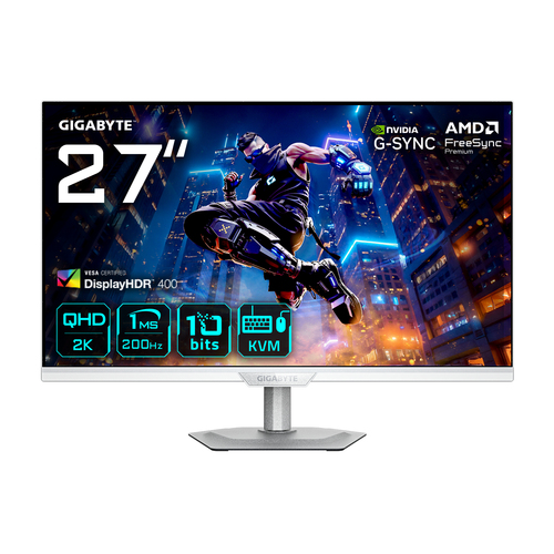 Monitor Gigabyte M27Q2 Qd Ice, 27 Pulgadas Super Speed IPS, Resolucion Qhd 2560x1440, 200 Hz, 1 ms, Displayhdr 400, KVM, USB-C, Blanco.