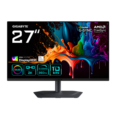 Monitor Gigabyte MO27Q3 Qd-OLED, 27", Quad HD, OLED, 360 Hz, 0.03 ms, Freesync, Nvidia G-sync, Negro