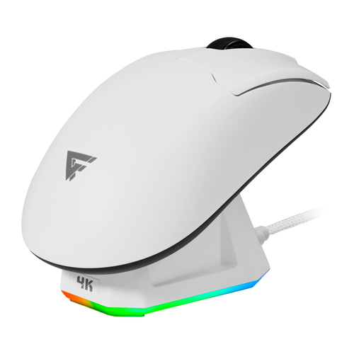 Mouse Gamer Game Factor MOW800, Inalambrico, Base Magnetica de Carga RGB, 25000dpi, Blanco
